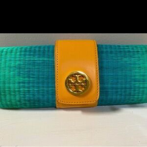 Tory Burch Turquoise and Mustard Clutch